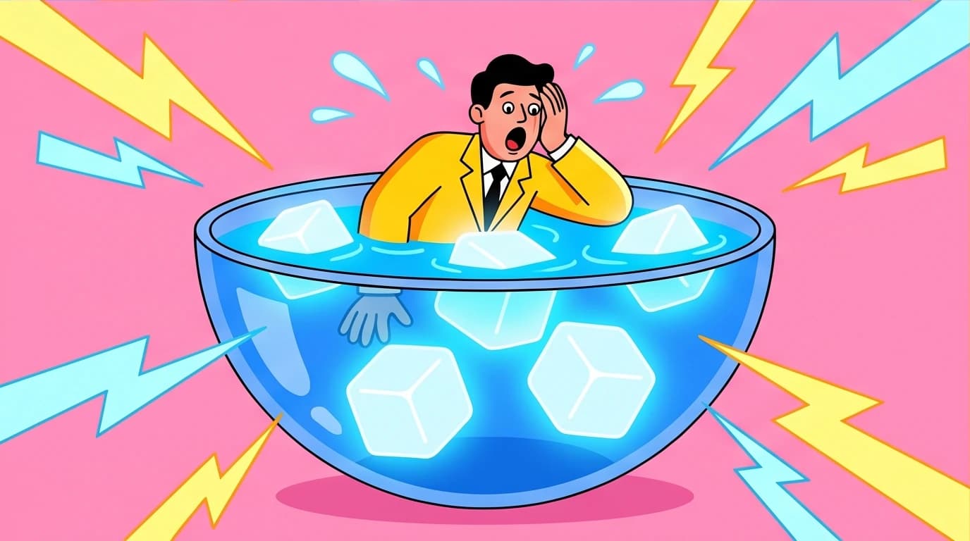 Illustration of the intense Joan Crawford daily routine, showing a figure getting an energy jolt from ice water, representing extreme physical stamina and discipline.