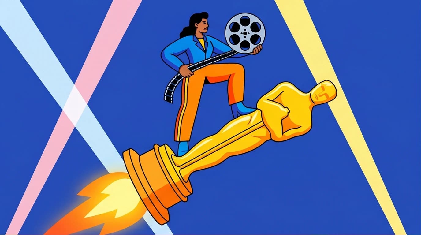 An illustration of the Joan Crawford work ethic, showing a determined Hollywood star atop a giant trophy, symbolizing her ruthless success habits and daily discipline.
