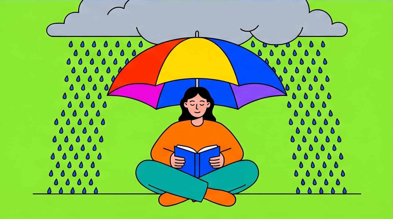 A character peacefully under an umbrella in the rain, symbolizing how to accept negative emotions with high EQ from Kevin Tsai's class.