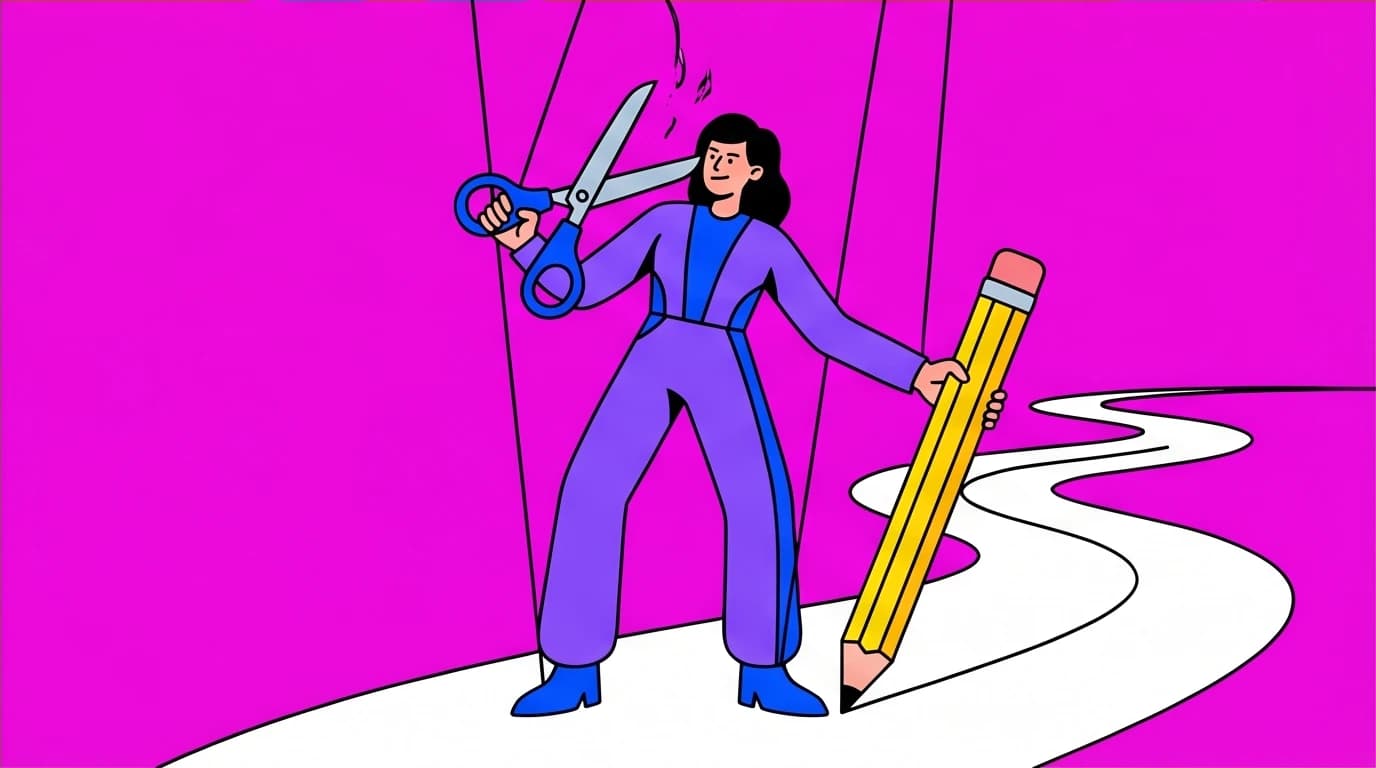 A person cuts puppet strings to draw their own path, illustrating taking back control based on Kevin Tsai's 'be yourself' quotes.