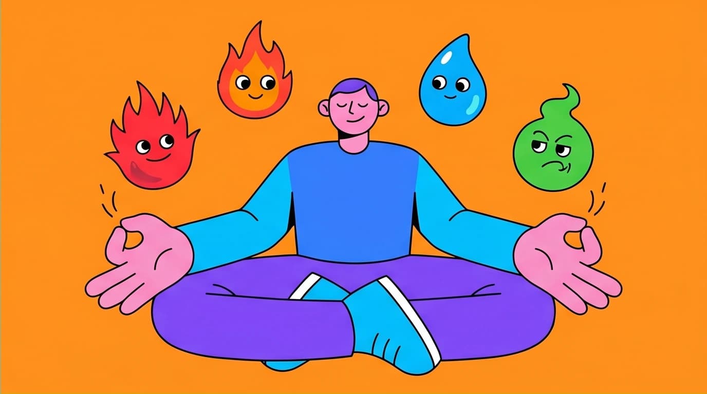 A person calmly acknowledging various emotion creatures, illustrating the principle of accepting all feelings from Kevin Tsai's EQ Class summary.