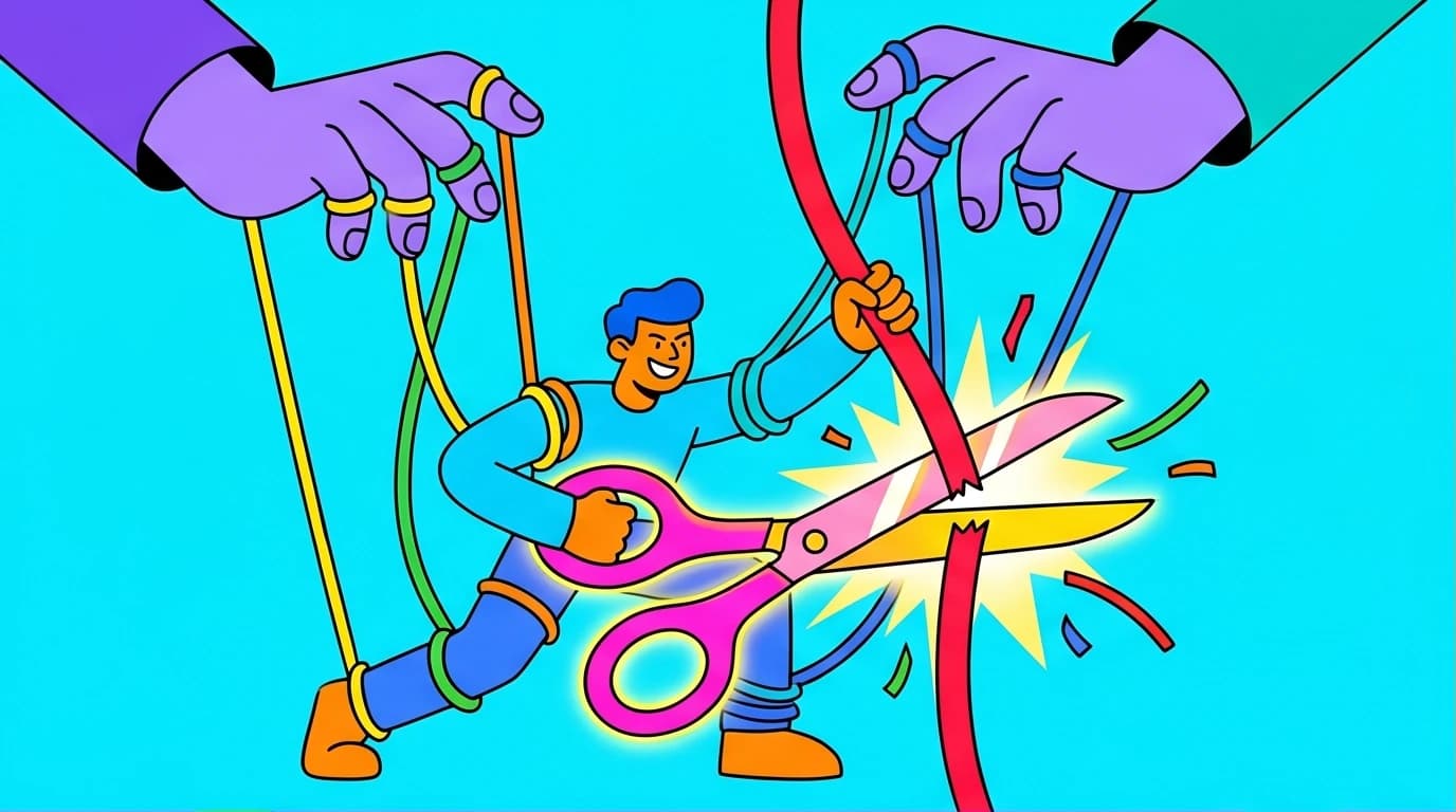 Illustration of a person cutting puppet strings, representing breaking free from expectations as taught in Kevin Tsai's EQ Class on emotional intelligence.