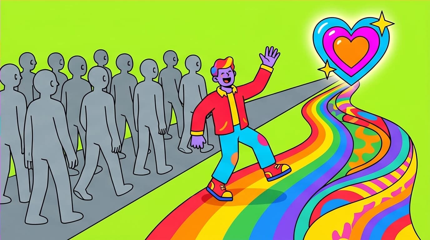 A character choosing their own colorful path away from a grey crowd, visualizing the idea to 'live for yourself' from Kevin Tsai's book on EQ.
