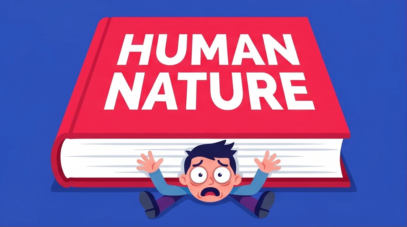 An illustration of a person overwhelmed by the massive size of Robert Greene's book, The Laws of Human Nature, symbolizing the time commitment for this psychology guide.