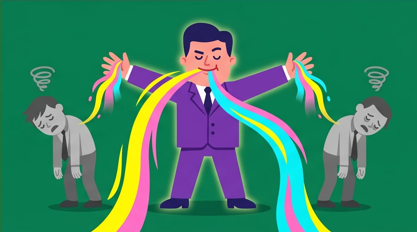 An illustration depicting the Law of Narcissism from Robert Greene's book, where a toxic individual drains the energy from others to demonstrate a lack of empathy.