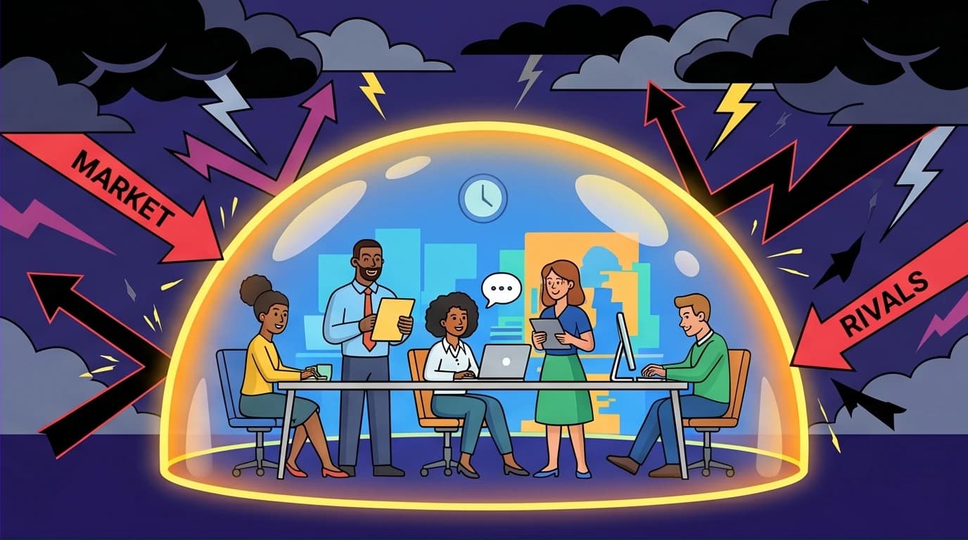 A visual metaphor for Simon Sinek's Circle of Safety, where employees are protected from external business threats, enabling collaboration and trust.