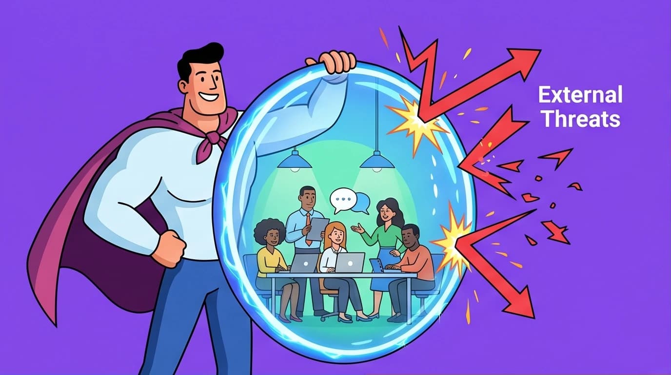 An illustration of a leader creating a Circle of Safety for their team, a core concept from Simon Sinek's Leaders Eat Last for building trust.