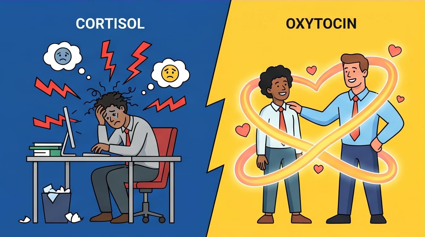 An illustration contrasting a stressed employee (Cortisol) with a supported one (Oxytocin), showing how leadership impacts team well-being and trust.