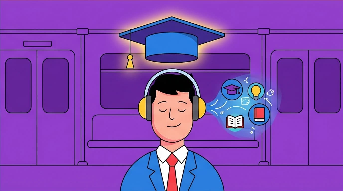 A manager listens to an audiobook on the subway, with a graduation cap above their head, showing how audiobooks help in leadership development.