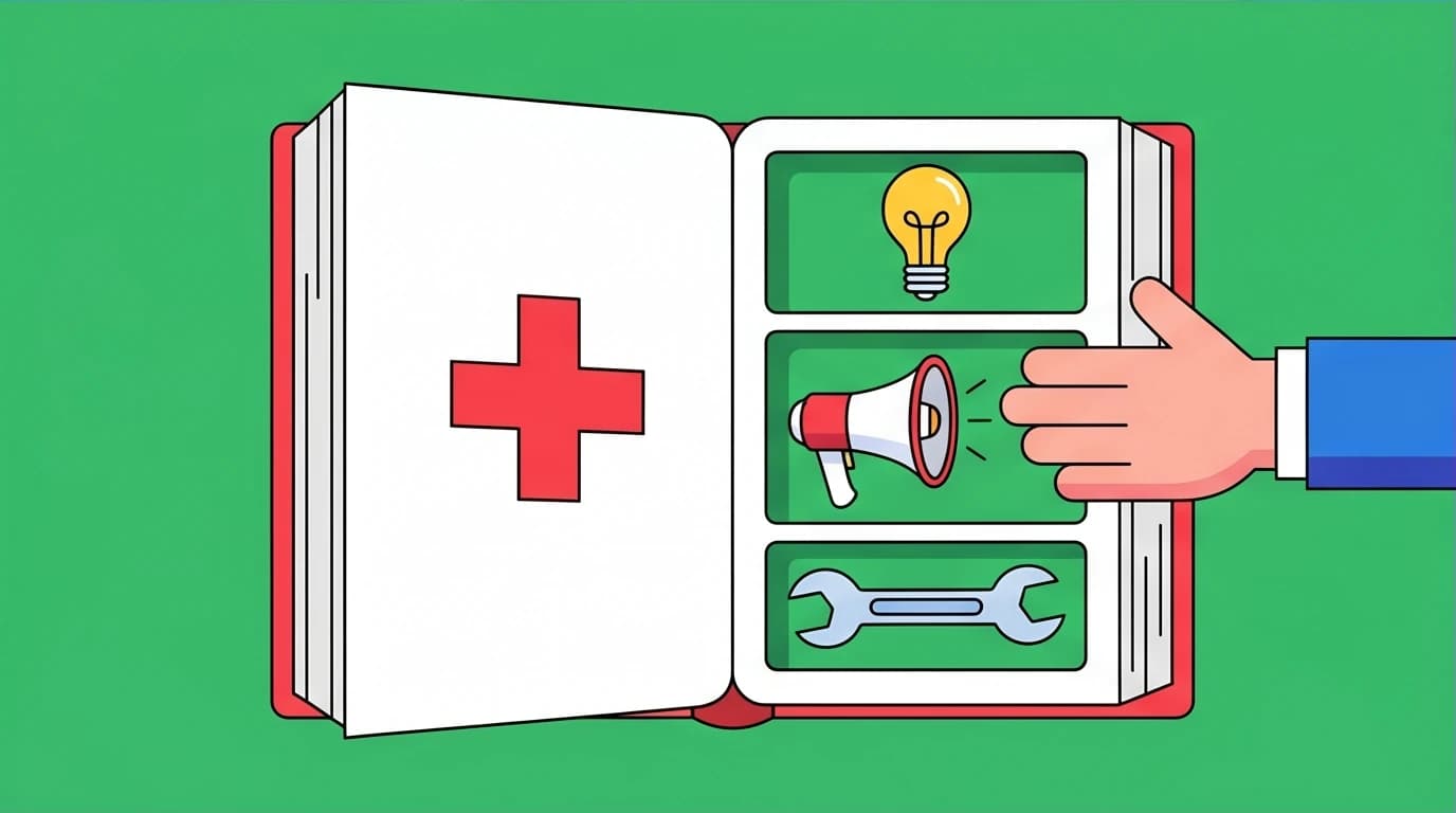 A leadership book opens up like a first-aid kit filled with management tools, a metaphor for practical workplace book recommendations.