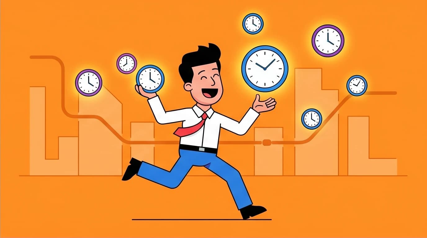 A manager collects floating clock icons during a commute, visualizing the concept of fragmented learning to improve management skills.
