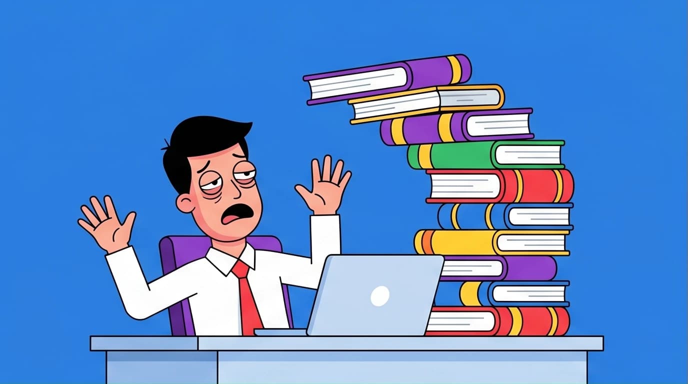 An overwhelmed manager is buried under a huge stack of leadership books, illustrating the challenge for busy supervisors to find time for reading.