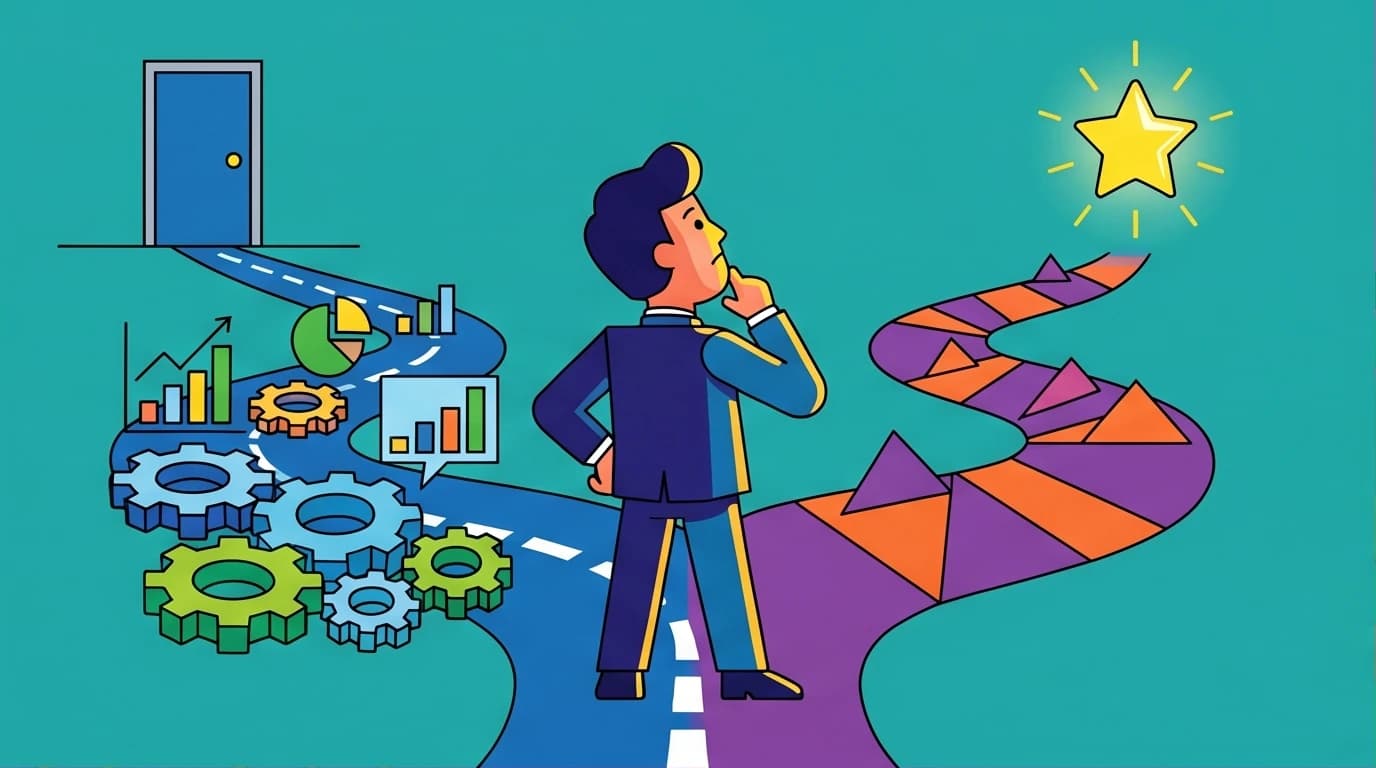 Illustration of the difference between leadership and management, showing a professional choosing the visionary path to a star over a procedural path of gears.