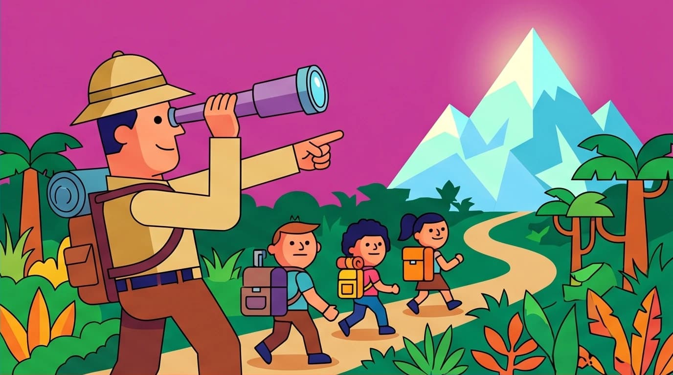 A visionary leader as a guide with a telescope, pointing the team towards a future goal, highlighting a key leadership trait over pure management.