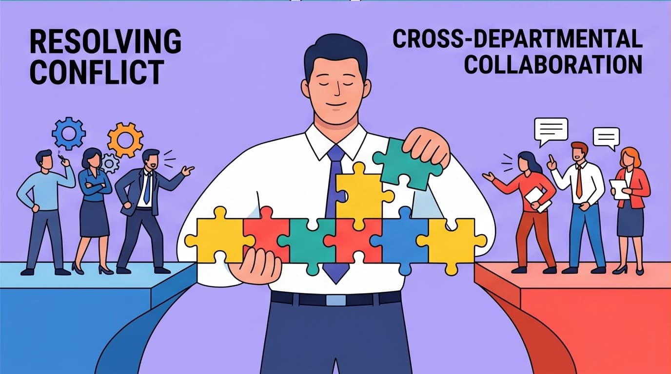 A leader building a bridge between two arguing teams, illustrating problem-solving in cross-departmental collaboration for promotion.