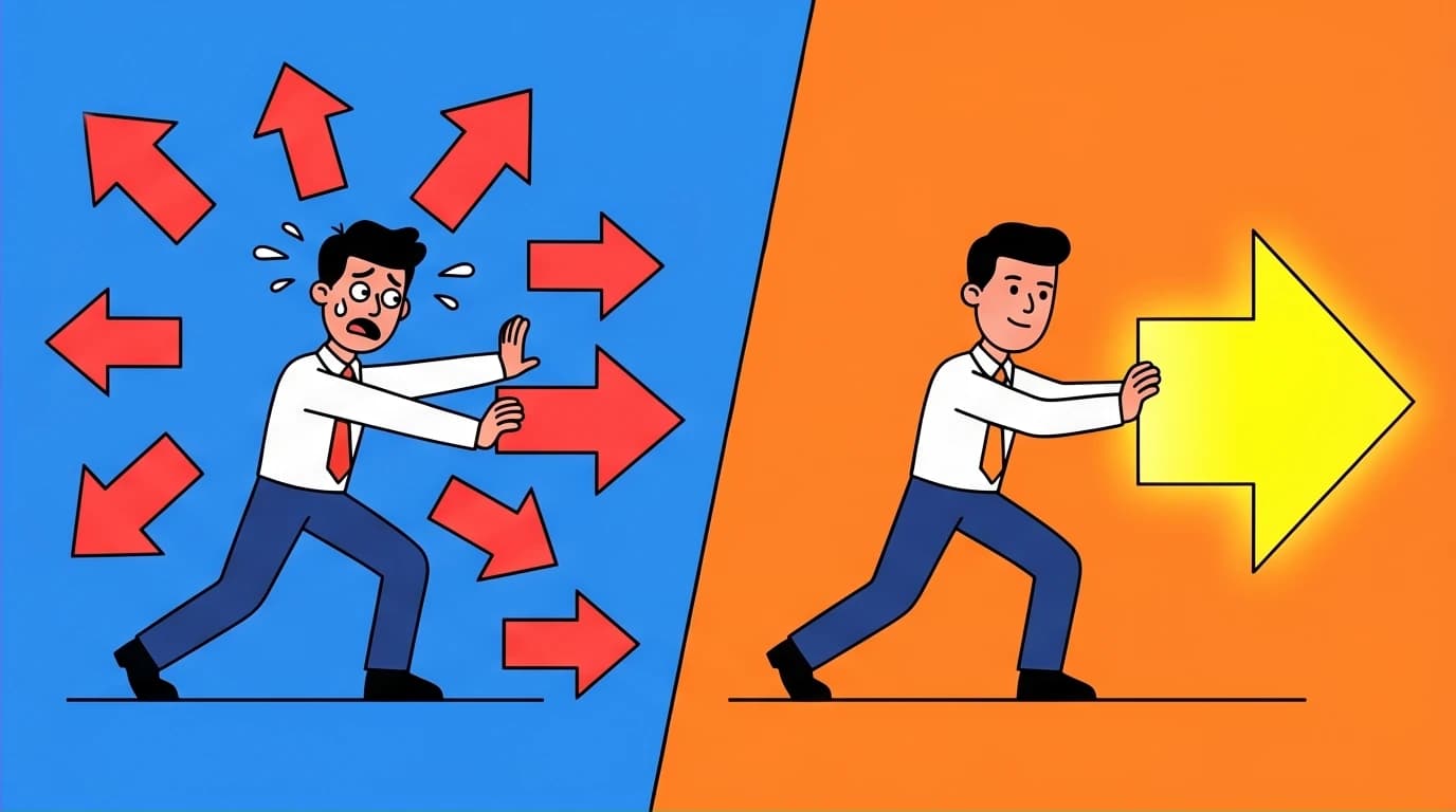 A split-screen visual comparing an Essentialist making huge progress on one task, versus a Non-Essentialist exhausted from trying to do everything at once, illustrating a key concept from 'Less is Better'.