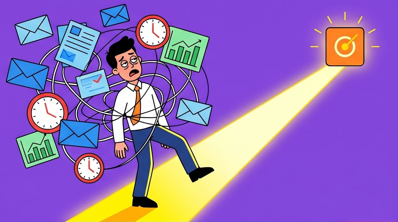 An illustration showing a person choosing a clear path of Essentialism to escape the chaos of busywork and unproductive tasks, representing the core idea of the book 'Less is Better'.