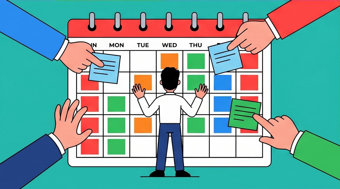 A visual metaphor for losing control of your time. Giant hands fill a person's calendar with tasks, illustrating the 'Less is Better' principle that others will prioritize for you if you don't.