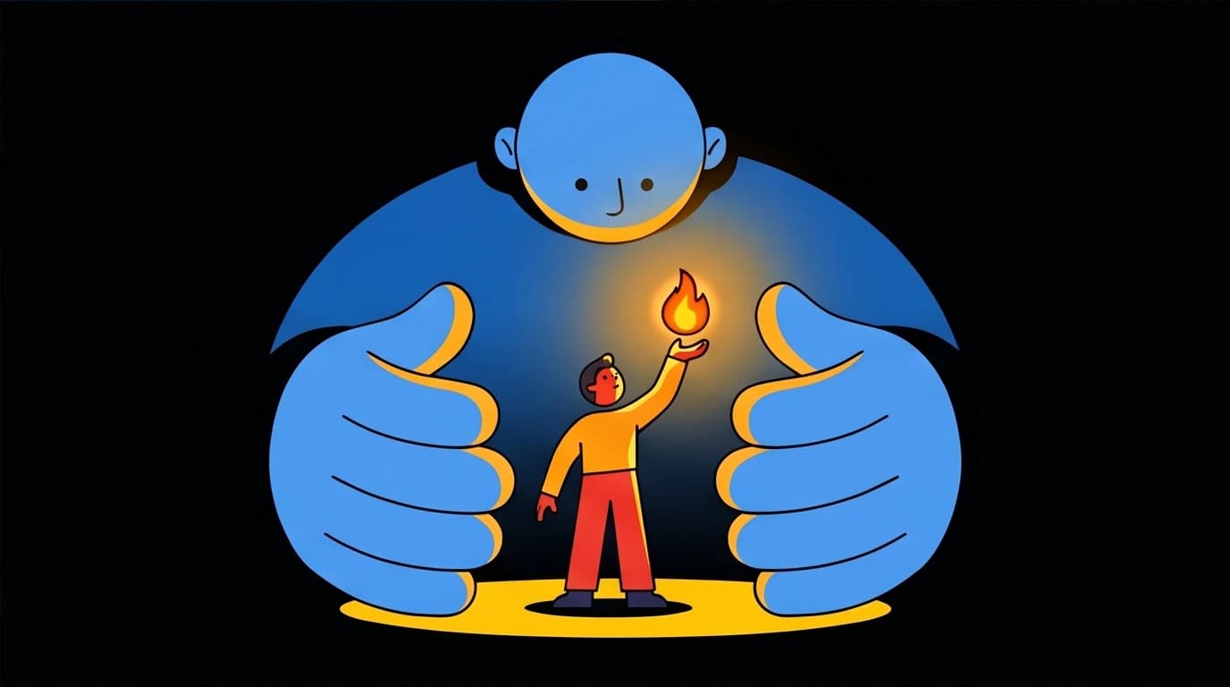 A symbolic illustration of 'carrying the fire' from The Road by Cormac McCarthy, with a large figure protecting a small figure holding a flame of hope.