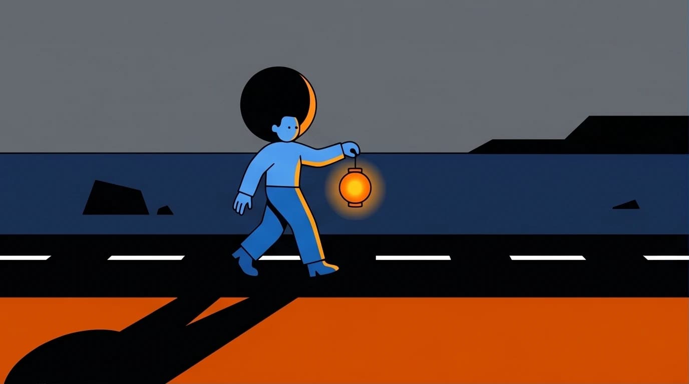 An illustration of a person finding resilience by walking on a dark road, guided by a small light, inspired by the lessons from Cormac McCarthy's The Road.