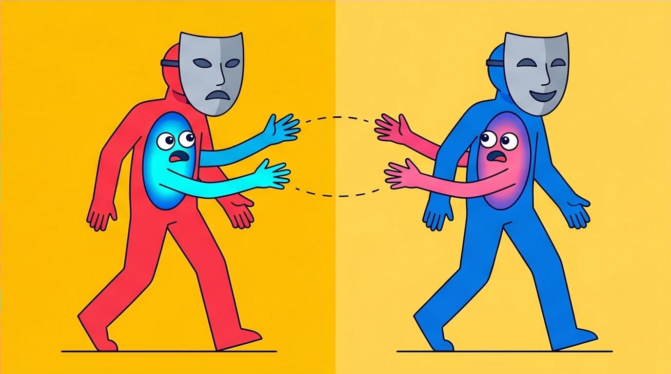 Two people in masks miss a connection, illustrating a life lesson on authenticity from a Shel Silverstein poem and the high cost of hiding your true self.