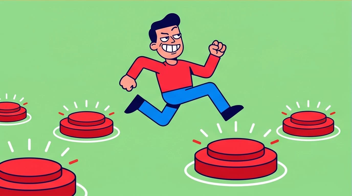 A character displaying hubris sprints through a minefield, a metaphor for the dangers of overconfidence bias in high-stakes environments.