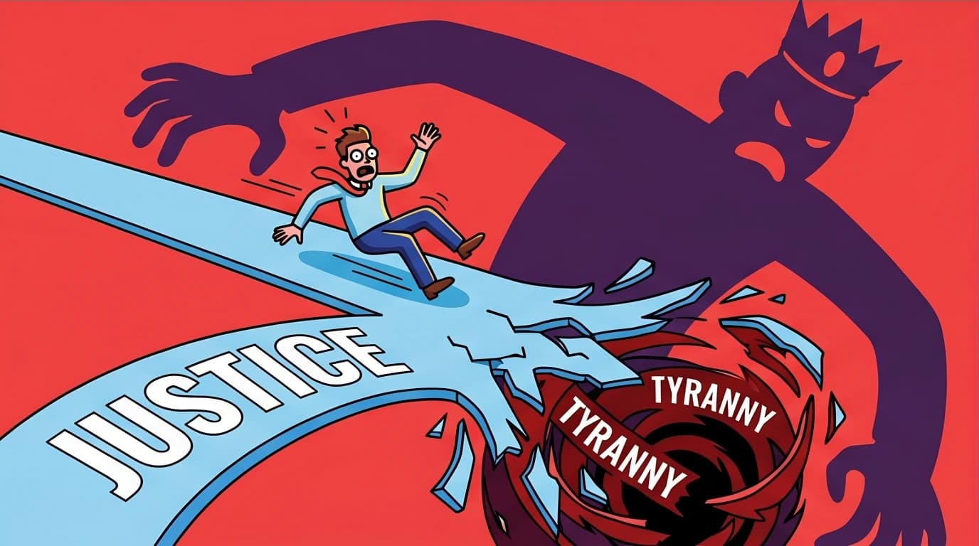 An illustration of the slippery slope in 'ends justify the means ethics', where a path of justice breaks into a spiral of tyranny and ego.