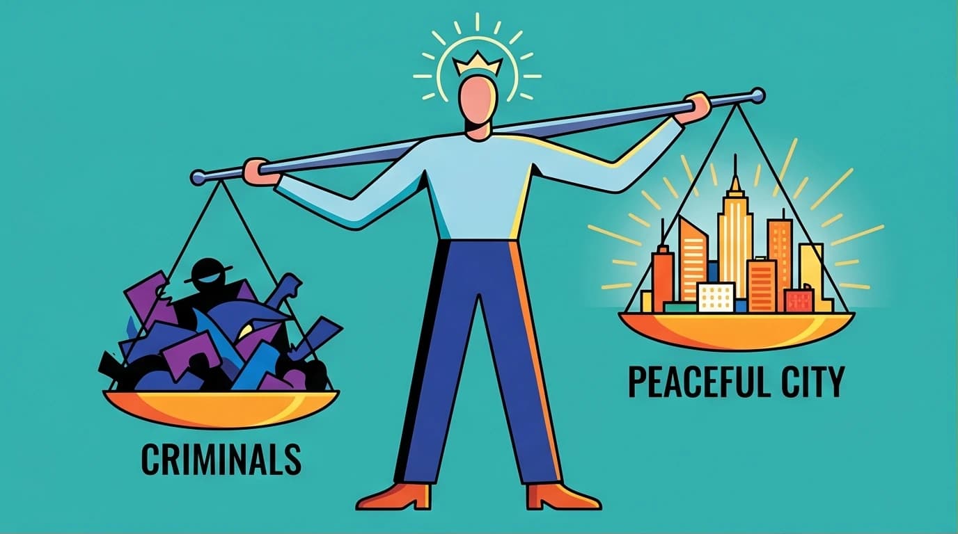 An illustration of Light Yagami's philosophy, showing a god-like figure weighing criminals against world peace to represent extreme utilitarianism and moral ambiguity.