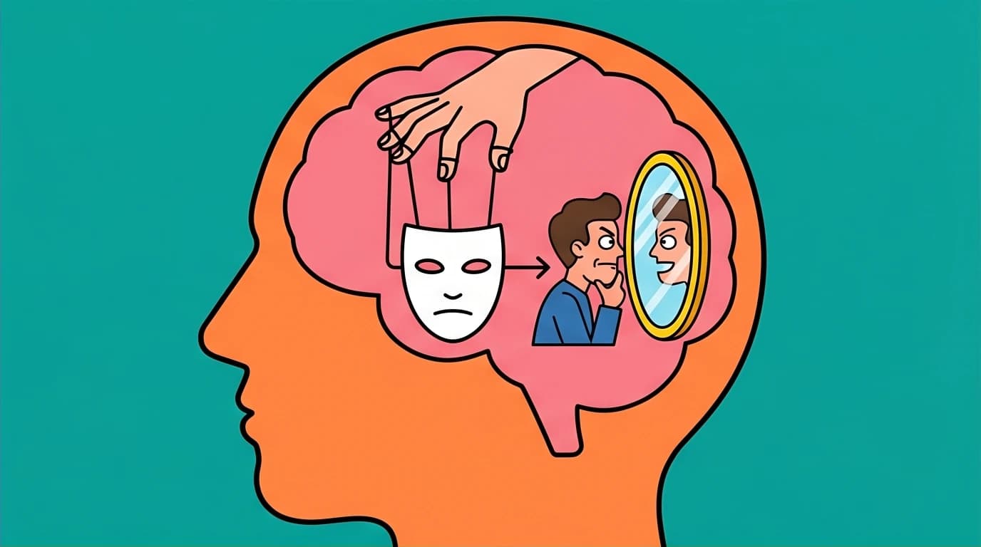 A visual explanation of the Dark Triad traits in Light Yagami's psychology: Machiavellianism (puppets), Psychopathy (mask), and Narcissism (mirror).