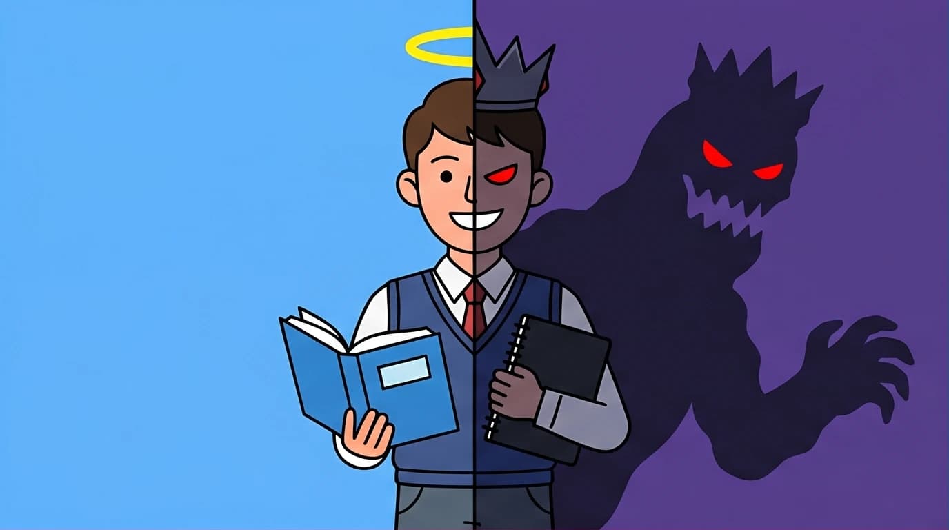 Illustration of Light Yagami's psychology, showing a student's split personality transforming into a God complex, a key theme in Death Note analysis.