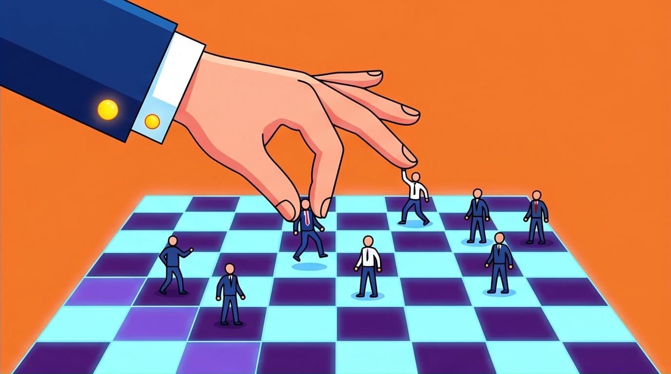 A conceptual image of the Dark Triad in action, showing a hand moving people like chess pieces, symbolizing Light Yagami's manipulative Machiavellian psychology.