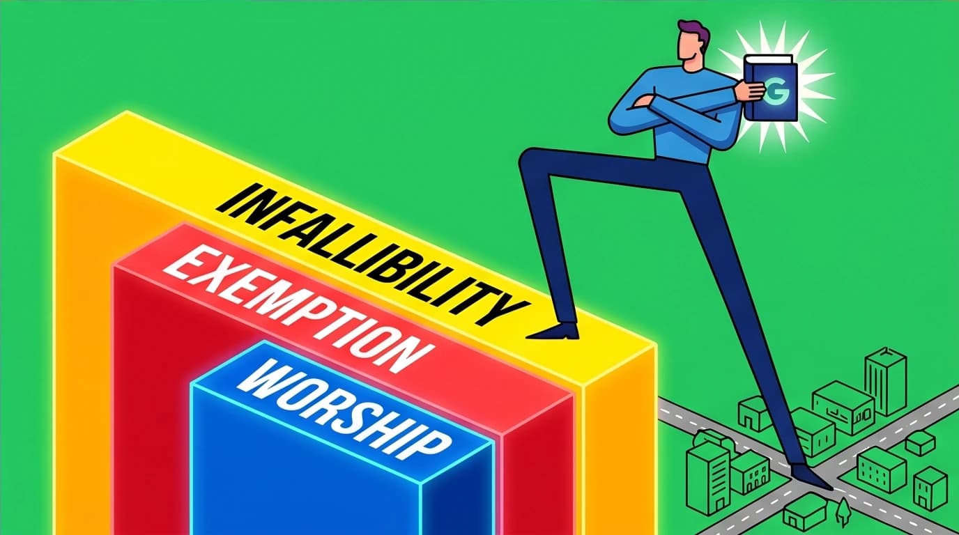 A visual metaphor for Light Yagami's God complex psychology, with a figure standing on pillars of infallibility, exemption from rules, and the need for worship.