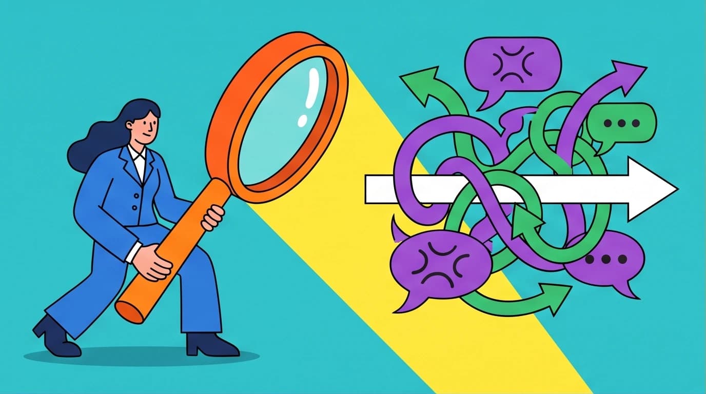 A person uses a magnifying glass to find clarity in a mess of tangled arguments, representing how to identify common logical fallacy examples.