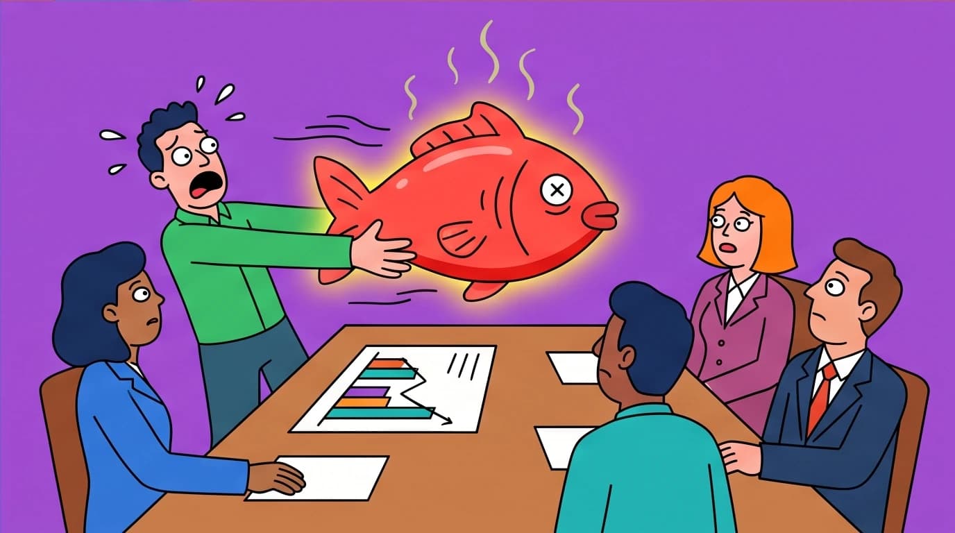 An image showing the Red Herring logical fallacy, where a distracting element is introduced to divert attention from the actual topic of a debate.