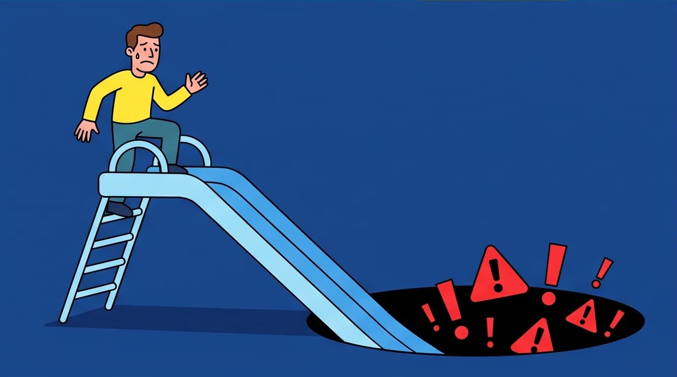 Illustration of the Slippery Slope logical fallacy, where one small step leads to a catastrophic chain reaction, a key example of flawed arguments.