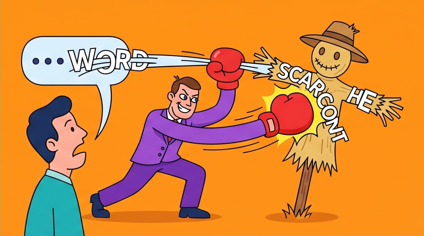 Visual example of the Straw Man fallacy where an argument is distorted into a weak scarecrow and attacked, a common flawed reasoning technique.