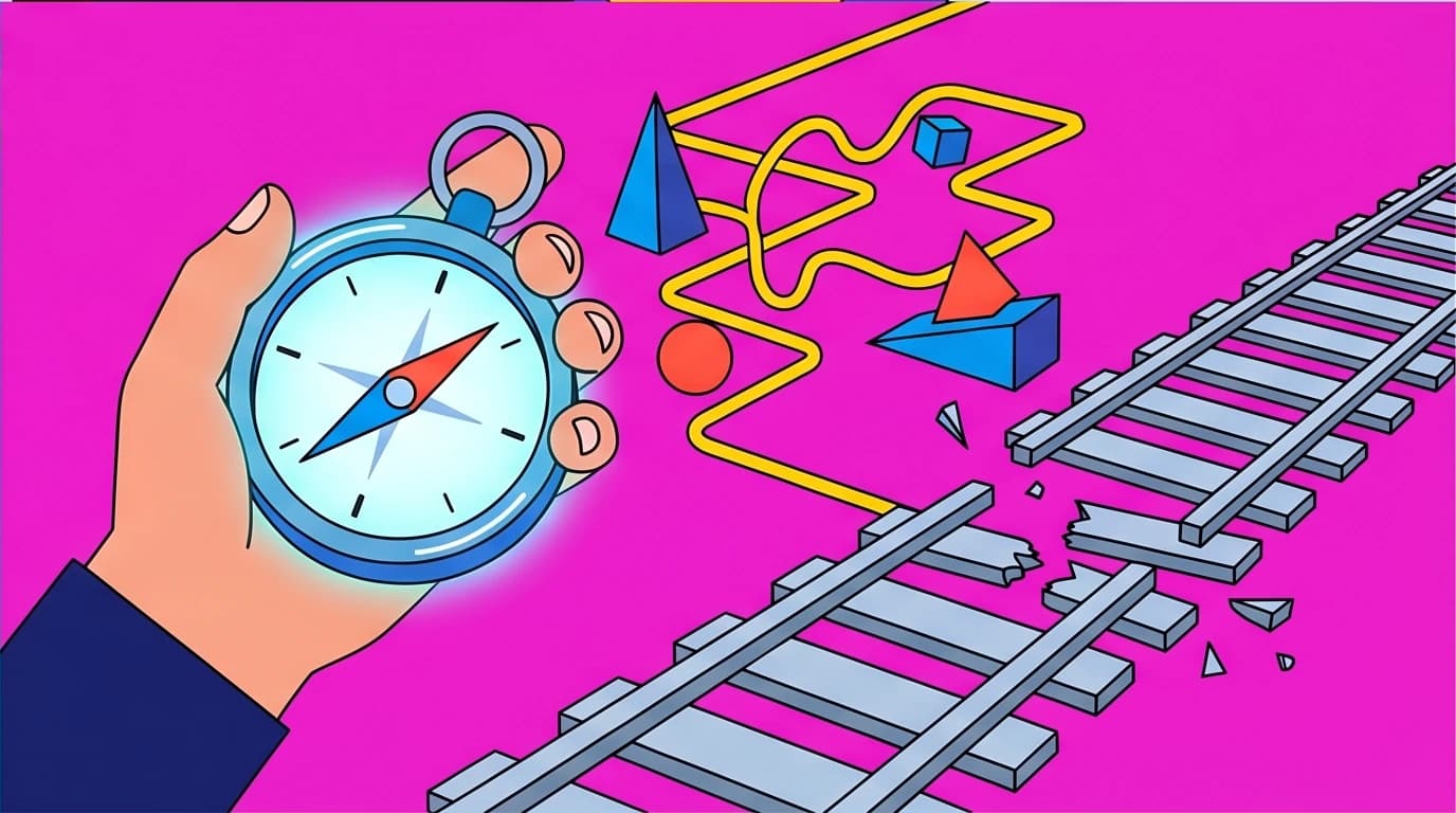 A broken train track and a compass symbolizing an agile approach to setting personal development goals and long term life planning.
