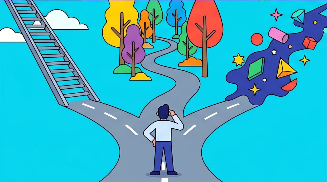 The Odyssey Plan life mapping technique shown as a person choosing between three different future paths for long-term planning.