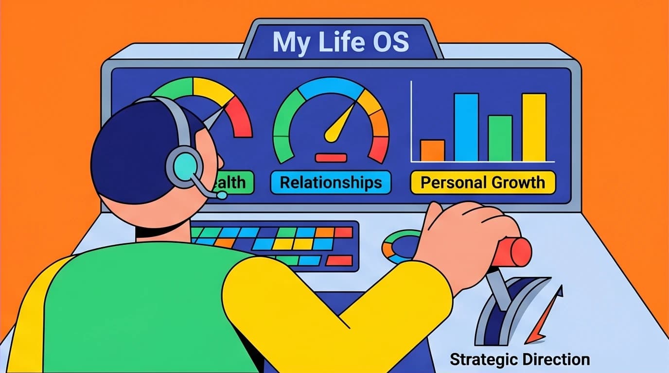 Illustration of a person as the CEO of their life, managing a dashboard for personal strategic planning of health and growth.