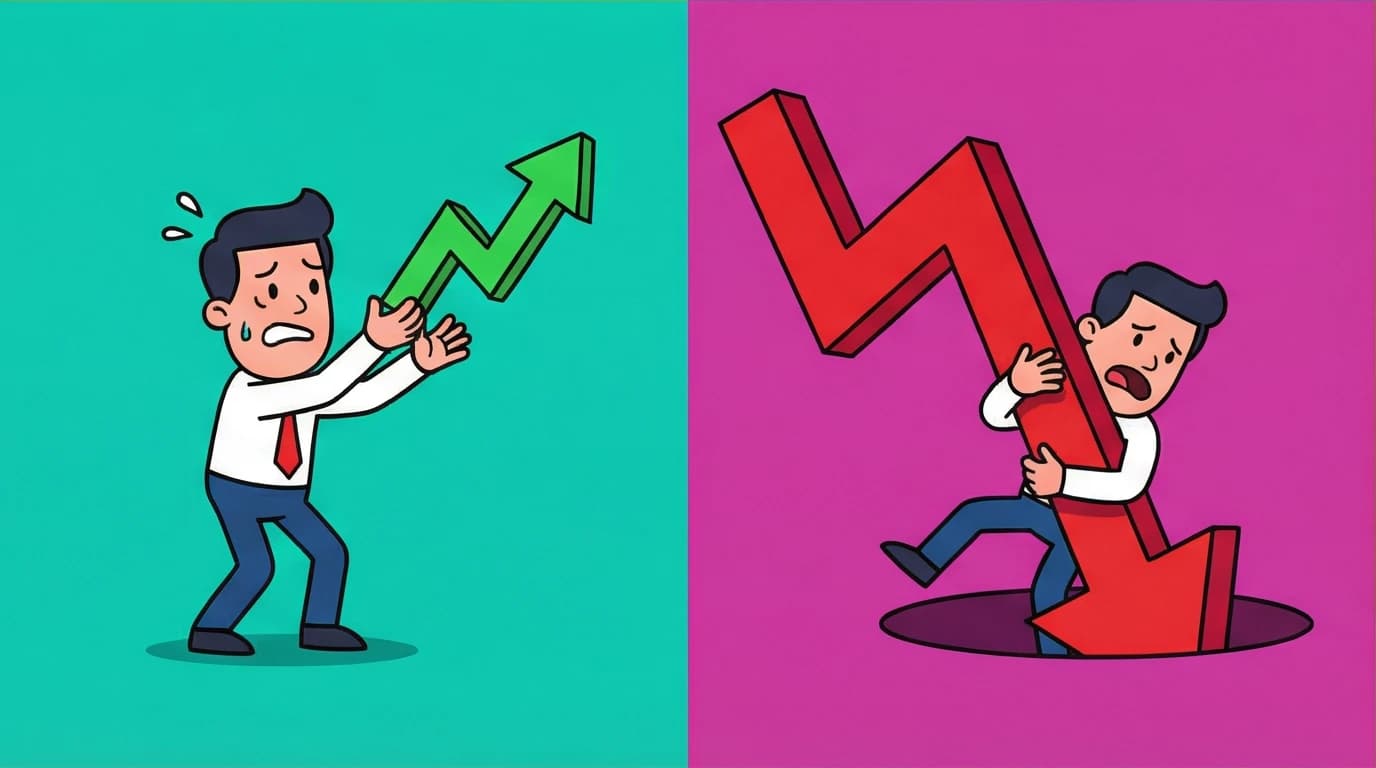 An illustration of prospect theory in action, showing an investor selling winning stocks too early and holding losing stocks for too long due to risk bias.