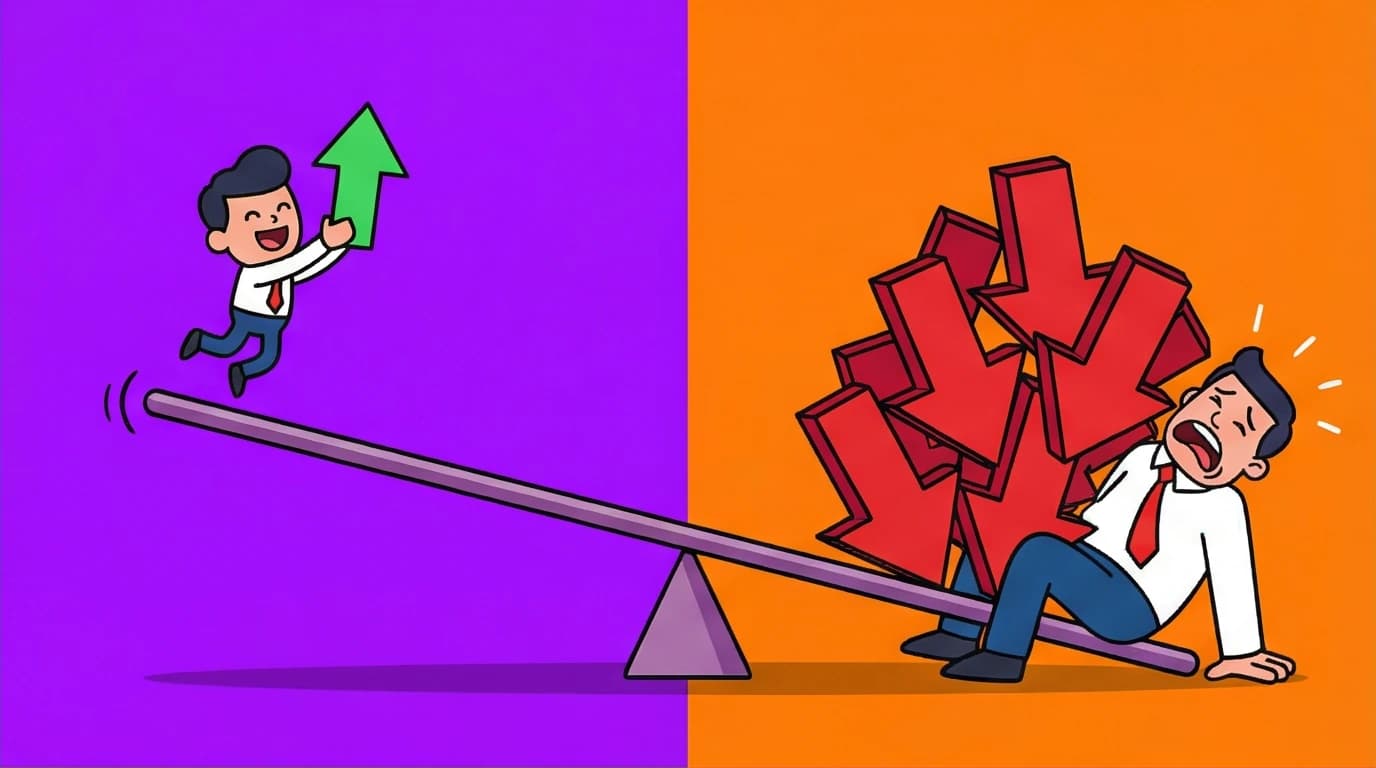 A visual metaphor for loss aversion in behavioral economics, where a small gain is outweighed by the psychological impact of a massive, heavy loss.