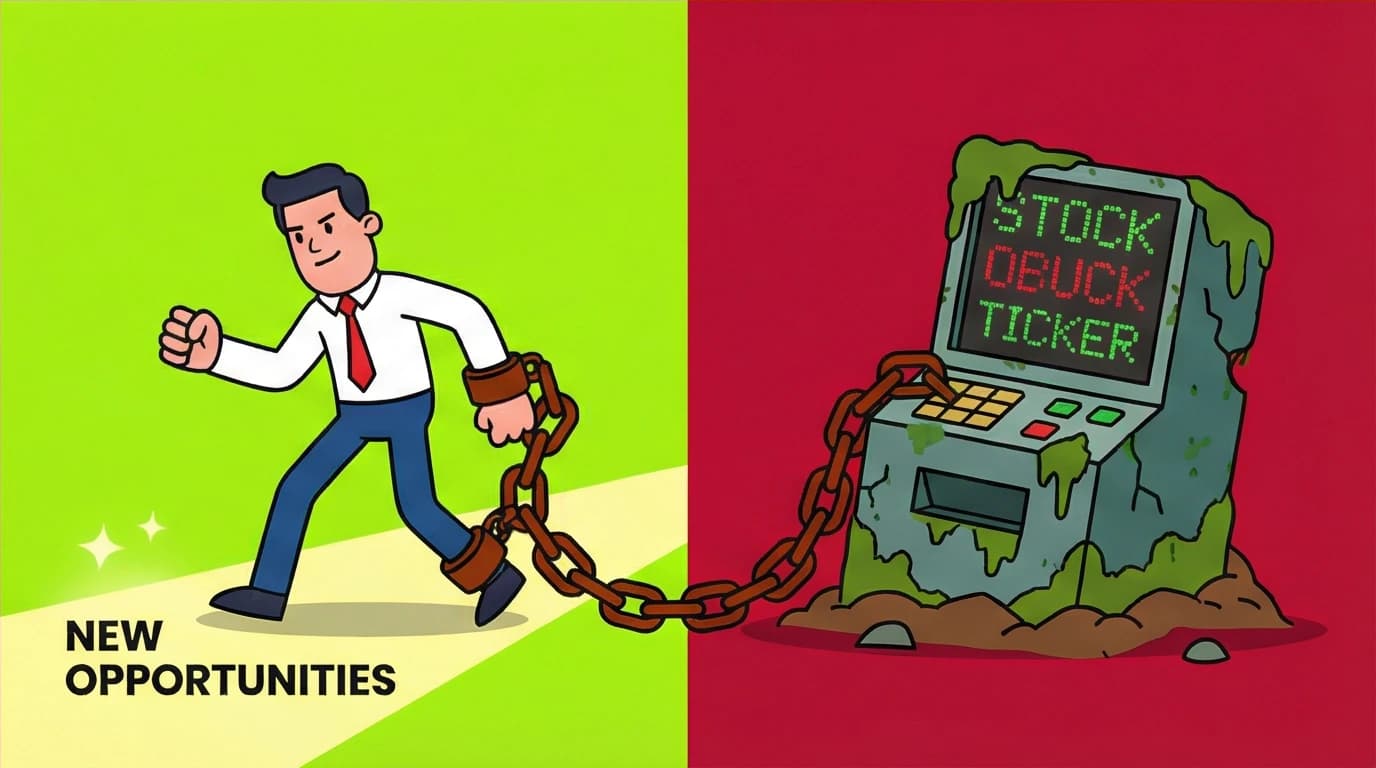 A character chained to a sinking investment, representing the sunk cost fallacy in investing and the difficulty of letting go of a losing position.