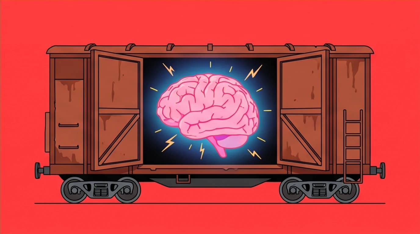 A glowing brain inside a boxcar, representing the ultimate takeaway from Education of a Wandering Man: forging a powerful intellect through self-education.