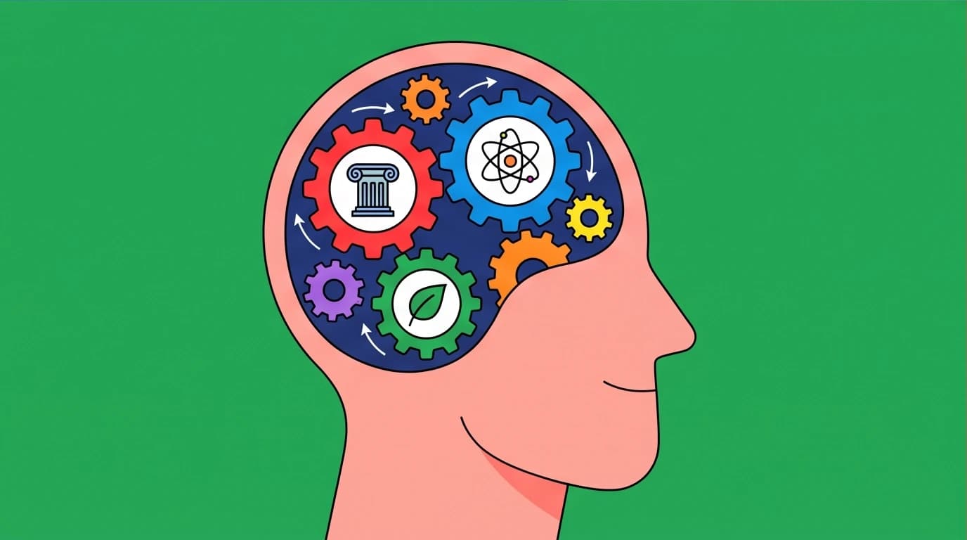 An illustration of interlocking gears in a brain symbolizing Louis L'Amour's strategy of reading broad subjects for a well-rounded self-education.