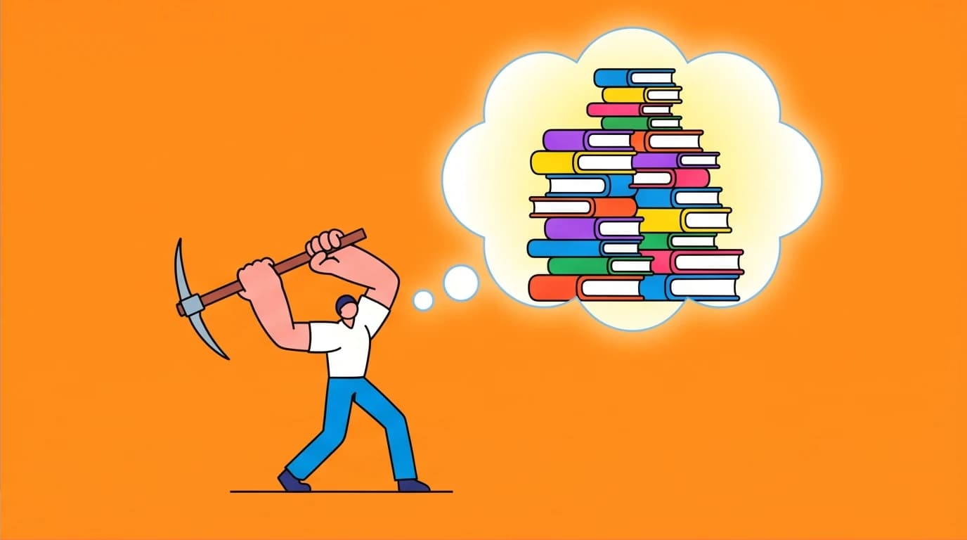 A visual metaphor of Louis L'Amour's focus on reading and self-education while performing hard manual labor, a core idea from his autobiography.