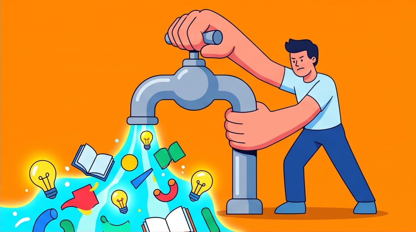 A person turns on a faucet to release a flow of ideas, illustrating a Louis L'Amour quote about taking action to start the learning process.