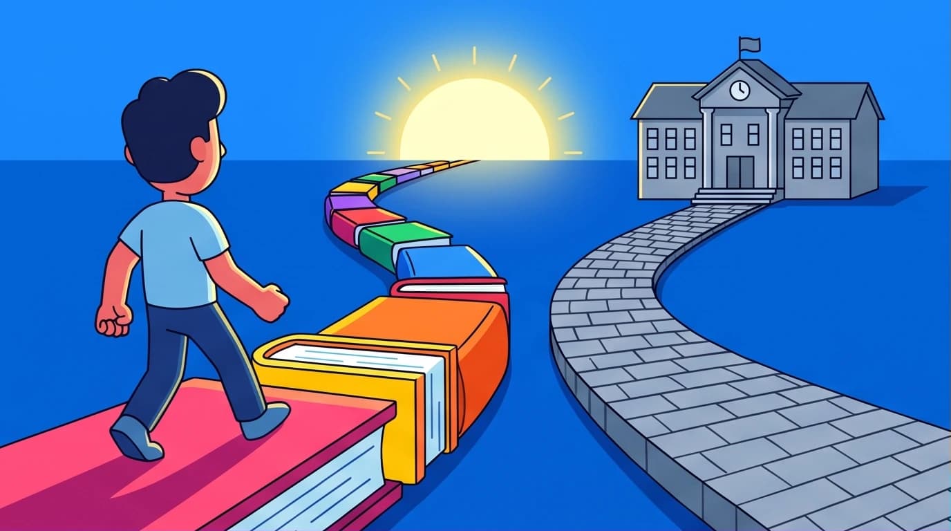 An illustration of a person choosing a path of self-education made of books, inspired by Louis L'Amour quotes on learning and personal growth.
