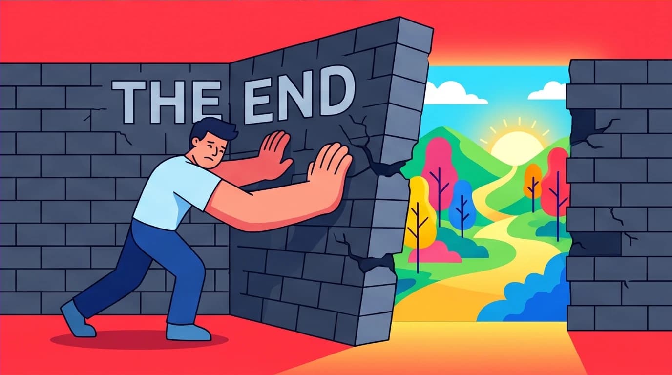 A character breaks through a wall labeled 'The End', symbolizing the perseverance found in Louis L'Amour quotes that every ending is a beginning.