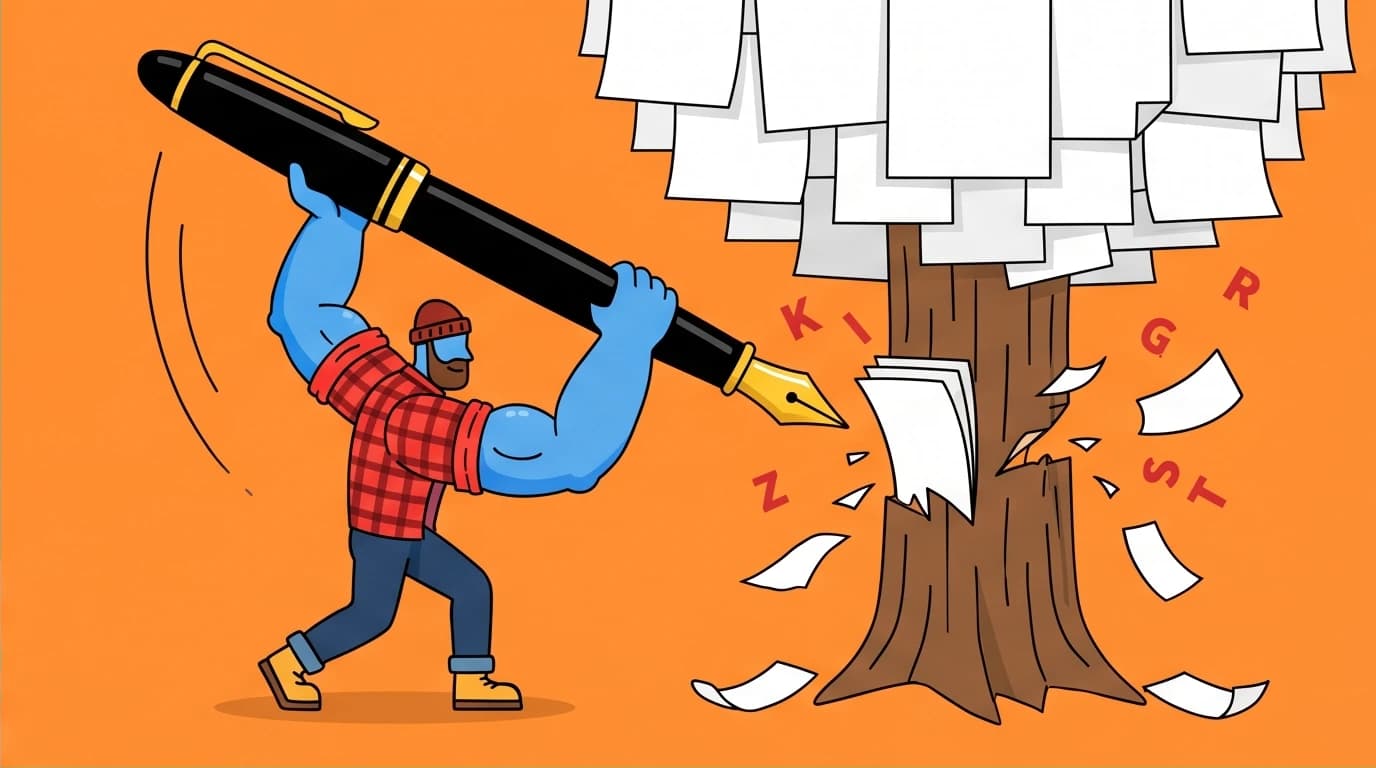 A writer as a lumberjack swinging a pen-ax, symbolizing the blue-collar mindset of prolific author habits and treating writing as manual labor.
