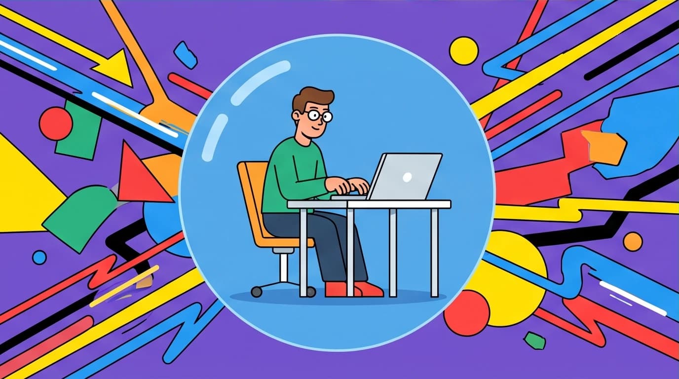 A writer focused in a calm bubble amidst a chaotic intersection, representing the ability to increase writing output regardless of environment.